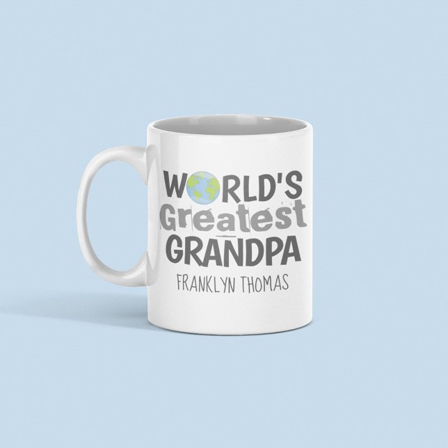 World's Greatest Grandpa Custom Name Coffee Mug (World's greatest grandpa mug with globe icon and custom name personalized gift for grandfathers.)
