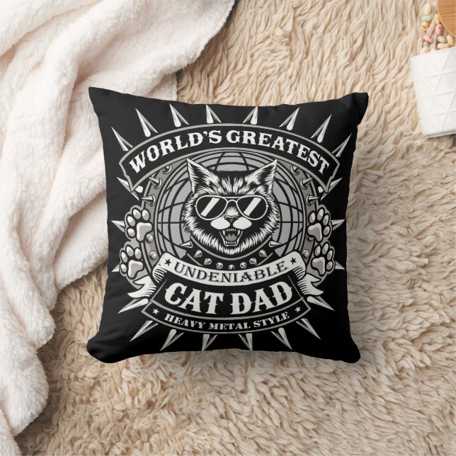 Worlds Greatest Heavy Metal Cat Dad Throw Pillow (Blanket)