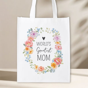 World's Greatest Mom Custom Quote Colorful Floral Grocery Bag