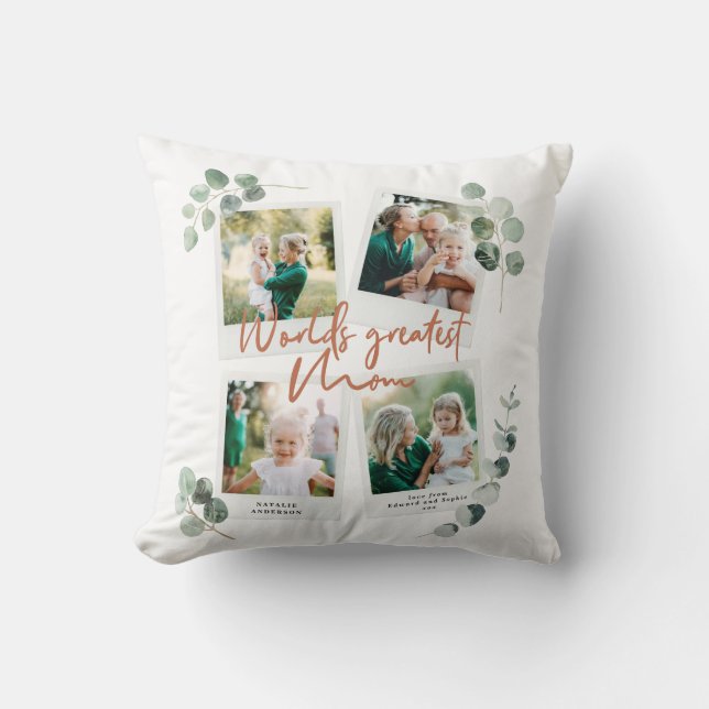 Worlds greatest Mom eucalyptus multi photo chic Throw Pillow (Front)