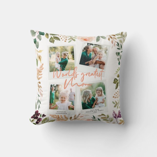 Worlds greatest Mom floral multi photo chic Throw Pillow (Front)