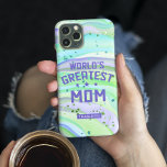 World's Greatest Mom Mother's Day Green Glitter  iPhone 13 Pro Max Case<br><div class="desc">World's Greatest Mom Mother's Day Green Glitter iPhone Case features a colorful modern abstract watercolor background in green and purple with sparkling glitter accents. In the center is the text "World's Greatest Mom" in modern typography with your personalized name below. Personalize by editing the text in the text boxes provide....</div>
