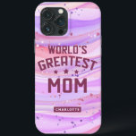 World's Greatest Mom Mother's Day Purple Glitter iPhone 13 Pro Max Case<br><div class="desc">World's Greatest Mom Mother's Day Purple Glitter iPhone Case features a colorful modern abstract watercolor background in purple and pink with sparkling glitter accents. In the center is the text "World's Greatest Mom" in modern typography with your personalized name below. Personalize by editing the text in the text boxes provide....</div>