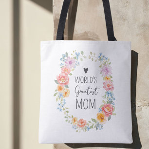 World's Greatest Mom Personalized Quote Floral Tote Bag
