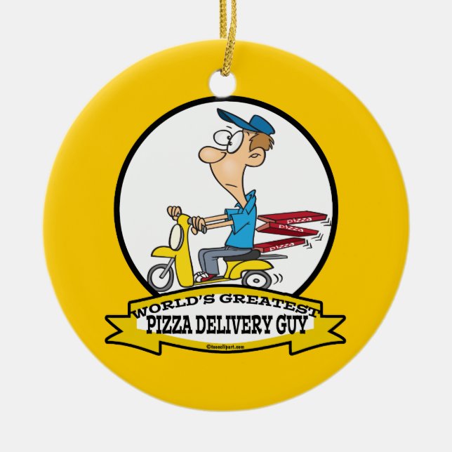 WORLDS GREATEST PIZZA DELIVERY GUY CARTOON CERAMIC ORNAMENT (Front)