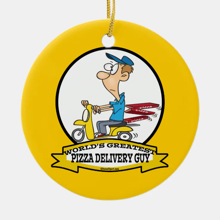 WORLDS GREATEST PIZZA DELIVERY GUY CARTOON CERAMIC ORNAMENT | Zazzle