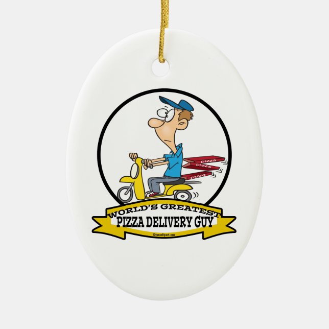 WORLDS GREATEST PIZZA DELIVERY GUY CARTOON CERAMIC ORNAMENT (Front)