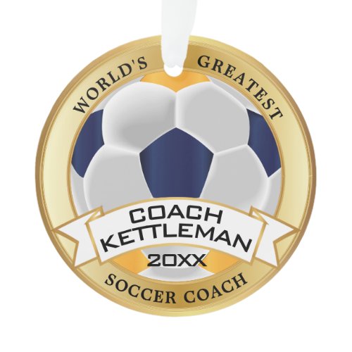 World's Greatest Soccer Coach Gold, Navy and White Ornament