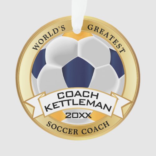 Worlds Greatest Soccer Coach Gold Navy and White Ornament