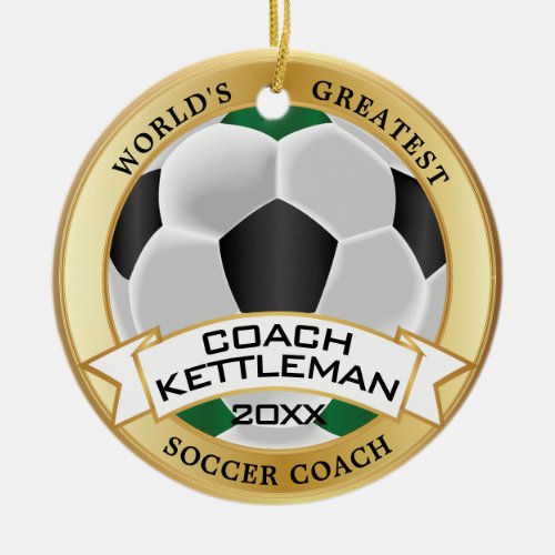 Worlds Greatest Soccer Coach Green Black White Ceramic Ornament