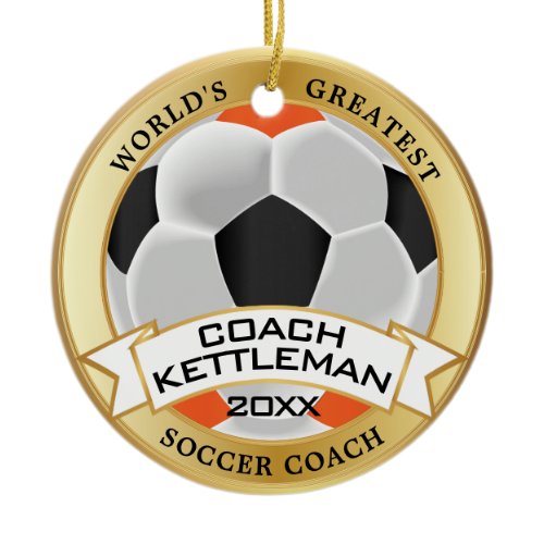 World's Greatest Soccer Coach Orange, Black, White Ceramic Ornament