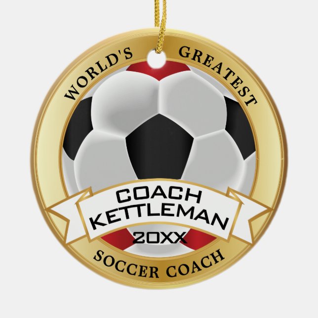 World's Greatest Soccer ⚽💖 Coach Red - Black Ceramic Ornament (Front)