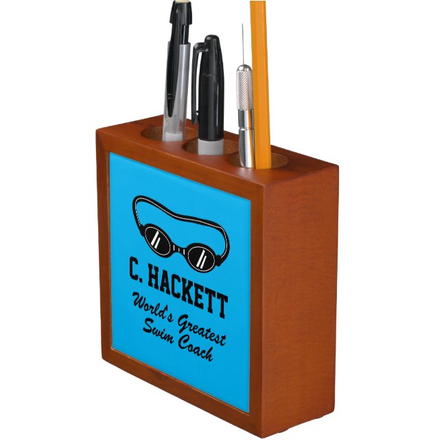 World's greatest swim coach custom name gift desk organizer (In Situ)