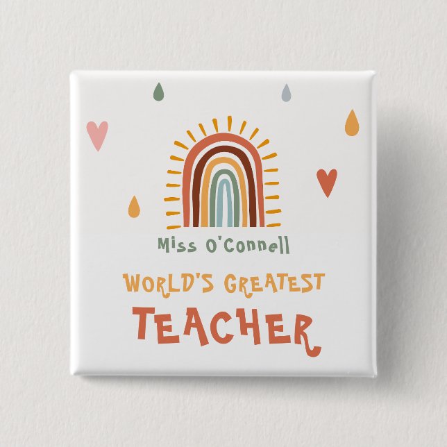 World's Greatest Teacher Gift Boho Rainbow Button (Front)