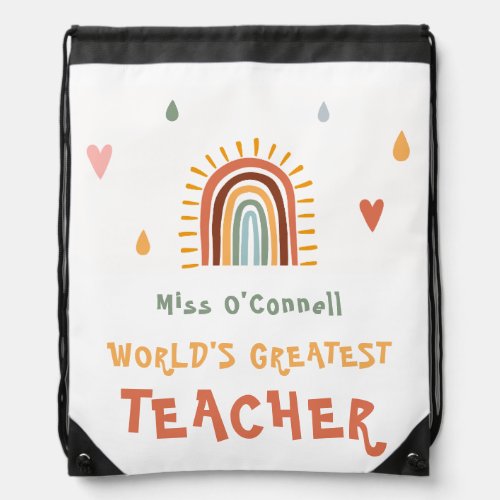 Worlds Greatest Teacher Gift Boho Rainbow Drawstring Bag