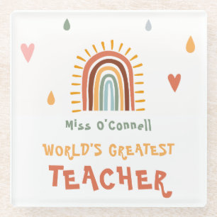 World's Greatest Teacher Gift Boho Rainbow Glass Coaster