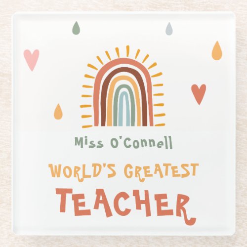 Worlds Greatest Teacher Gift Boho Rainbow Glass Coaster