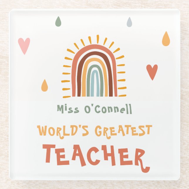 World's Greatest Teacher Gift Boho Rainbow Glass Coaster (Front)