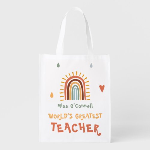 Worlds Greatest Teacher Gift Boho Rainbow Grocery Bag