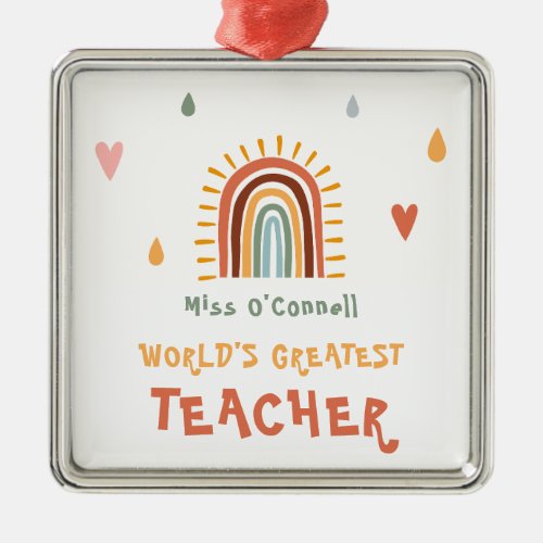 Worlds Greatest Teacher Gift Boho Rainbow Metal Ornament