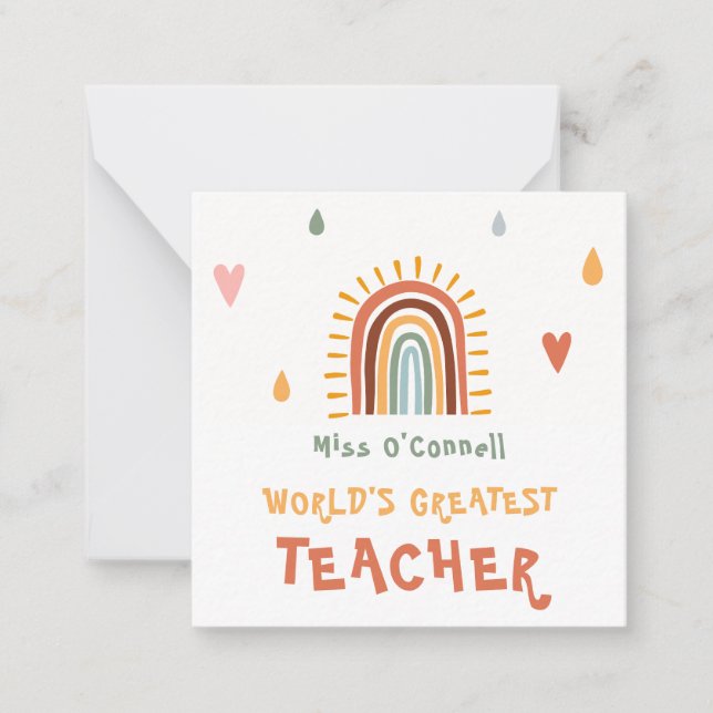 World's Greatest Teacher Gift Boho Rainbow Note Card (Front)