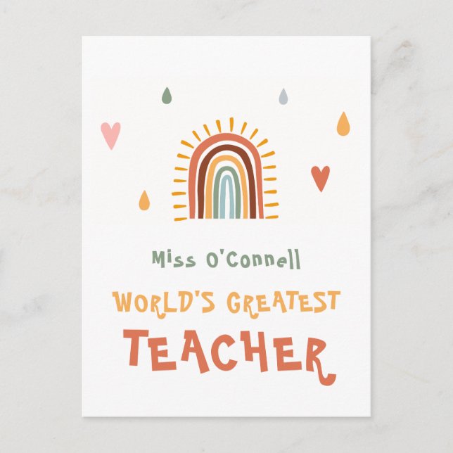 World's Greatest Teacher Gift Boho Rainbow Postcard (Front)