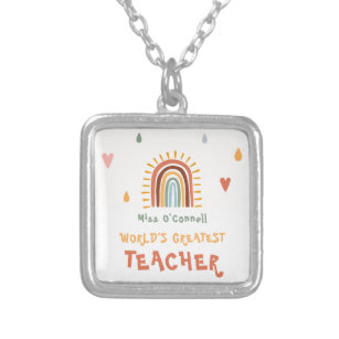 World's Greatest Teacher Gift Boho Rainbow Silver Plated Necklace