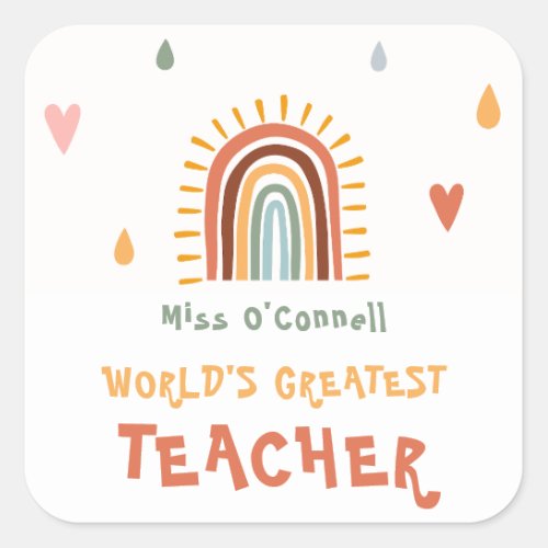 Worlds Greatest Teacher Gift Boho Rainbow Square Sticker