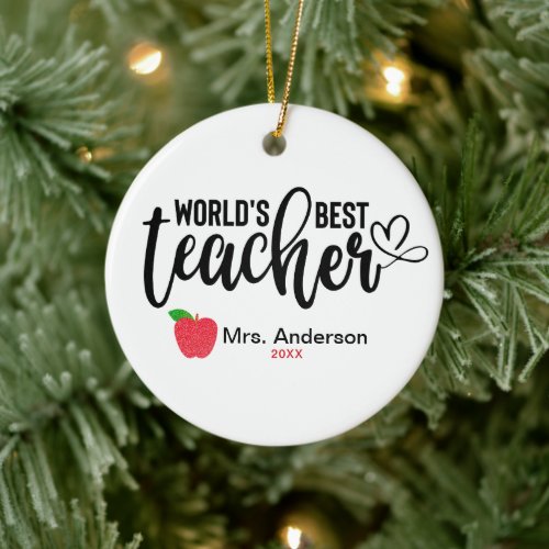 Worlds Greatest Teacher Glitter Apple Personalized Ceramic Ornament