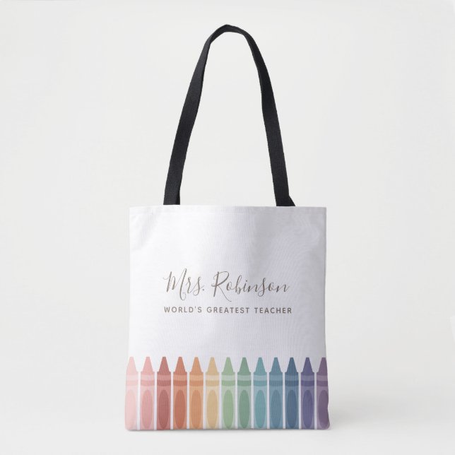 Worlds Greatest Teacher Rainbow Crayon Tote Bag (Front)