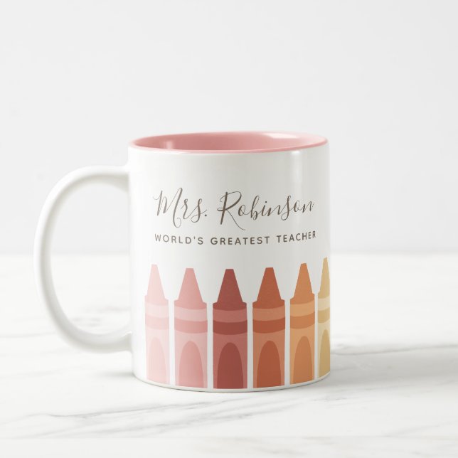 Worlds Greatest Teacher Rainbow Crayon Two-Tone Coffee Mug (Left)