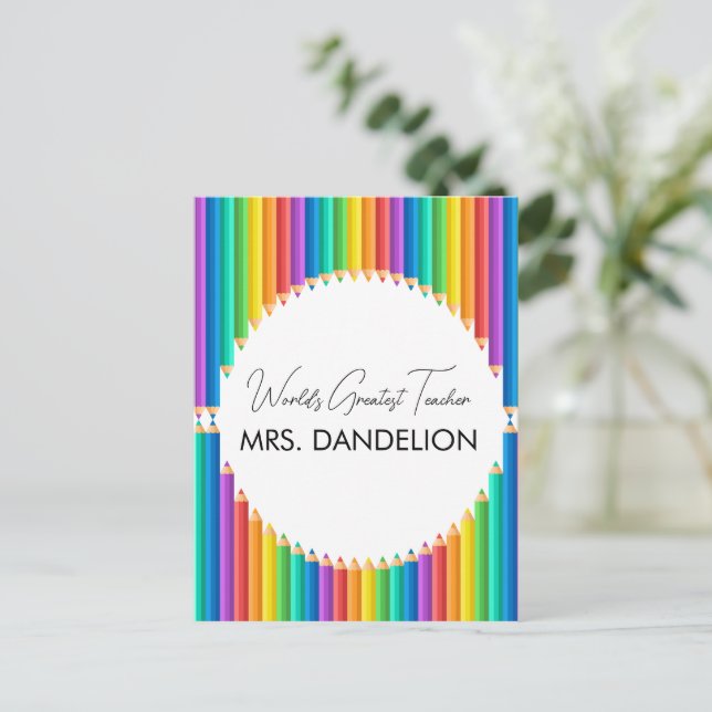 Worlds Greatest Teacher Rainbow Crayons School Postcard (Standing Front)