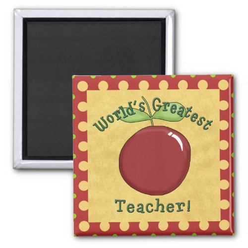 Worlds Greatest Teacher Red Apple  Yellow Dots Magnet