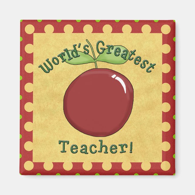World's Greatest Teacher Red Apple & Yellow Dots Magnet (Front)
