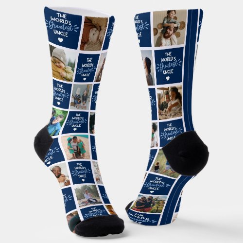 Worlds Greatest Uncle Blue Photo Collage Socks