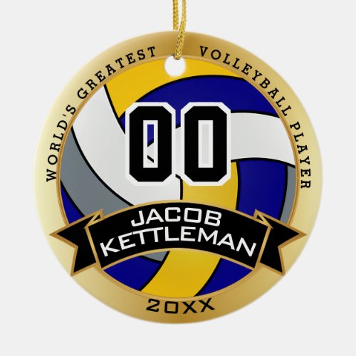 Worlds Greatest Volleyball Blue Gray Yellow Ceramic Ornament