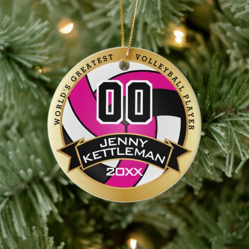 Worlds Greatest Volleyball Player Hot Pink Ceramic Ornament