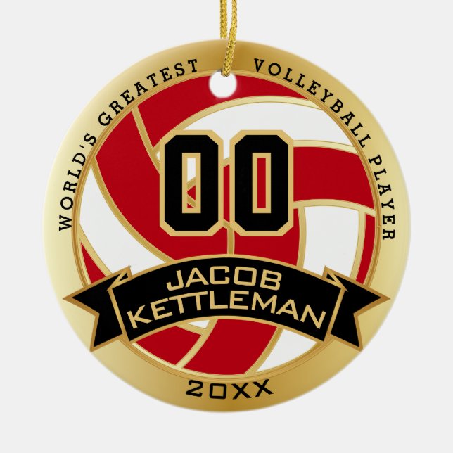 World's Greatest 🏐 Volleyball Player Red and Gold Ceramic Ornament (Front)