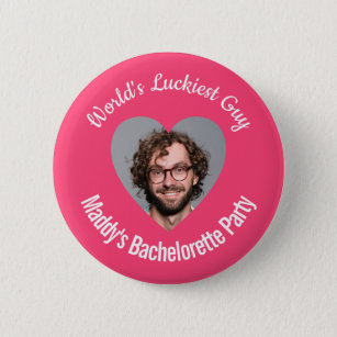 World's Luckiest Guy Bachelorette Party Hot Pink Button