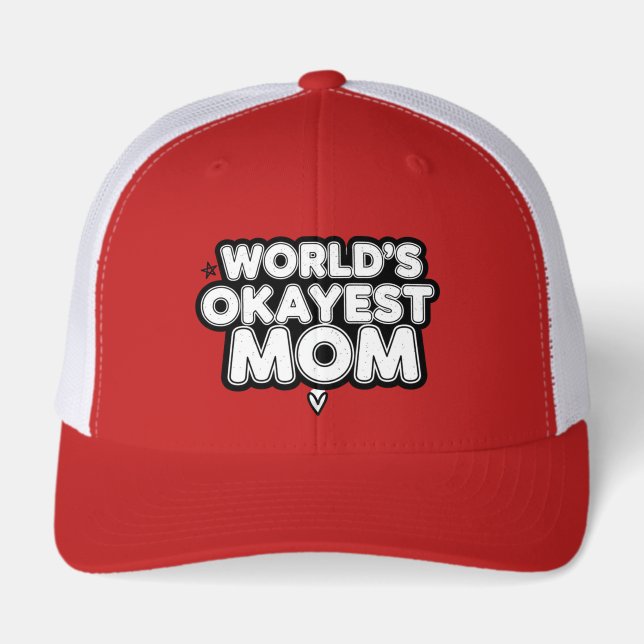 World's Okayest Mom Retro Trucker Snapback Hat (Front)