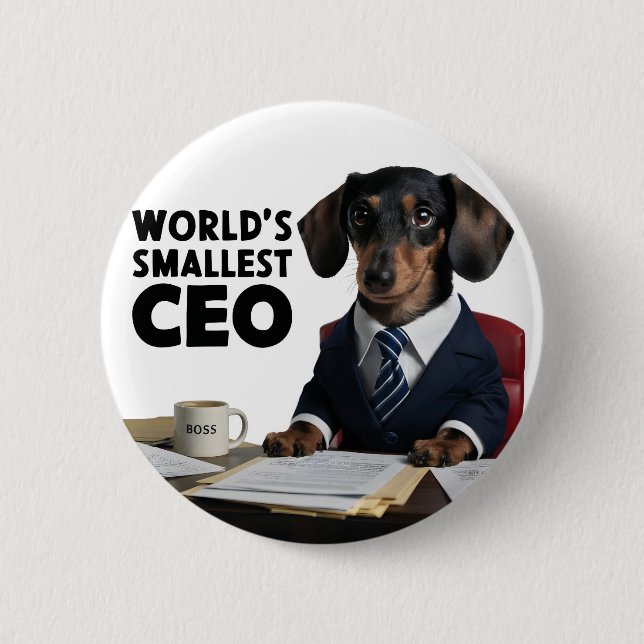 World's smallest CEO, cute funny dachshund in suit Button (Front)