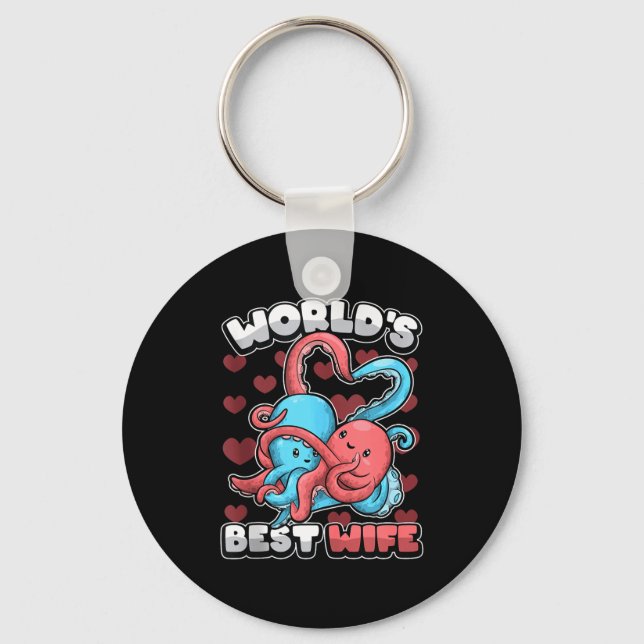 World's Wife Cute Kawaii Octopus Heart Cute Couple Keychain (Front)