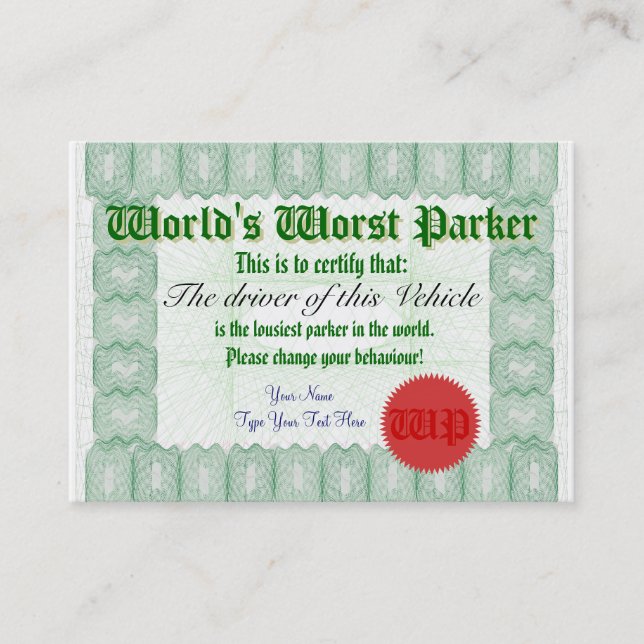World's Worst Parker Bad Parking Award Certificate (Front)