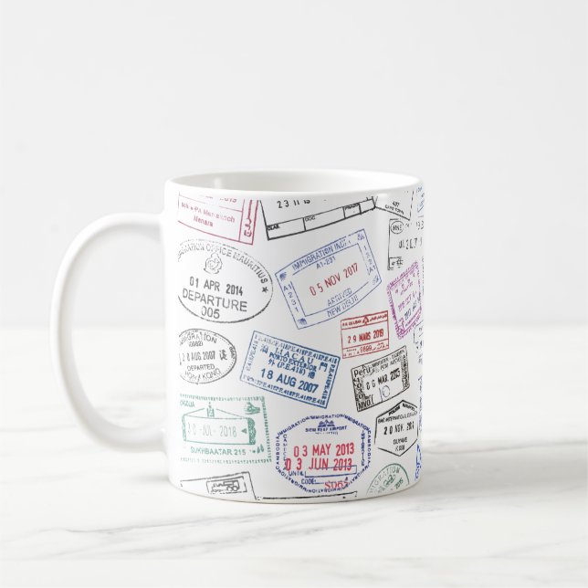 Worldwide passport stamps on a mug (Left)