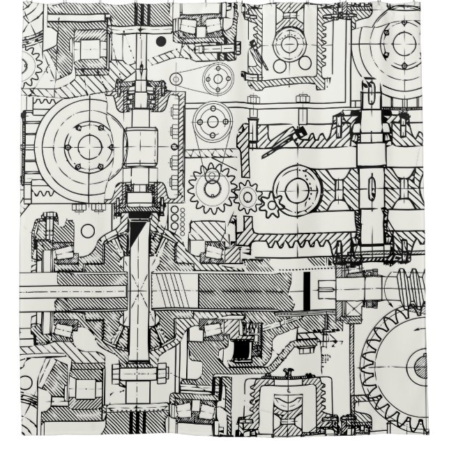 Worm Gears: Seamless Technical Machinery. Shower Curtain (Front)