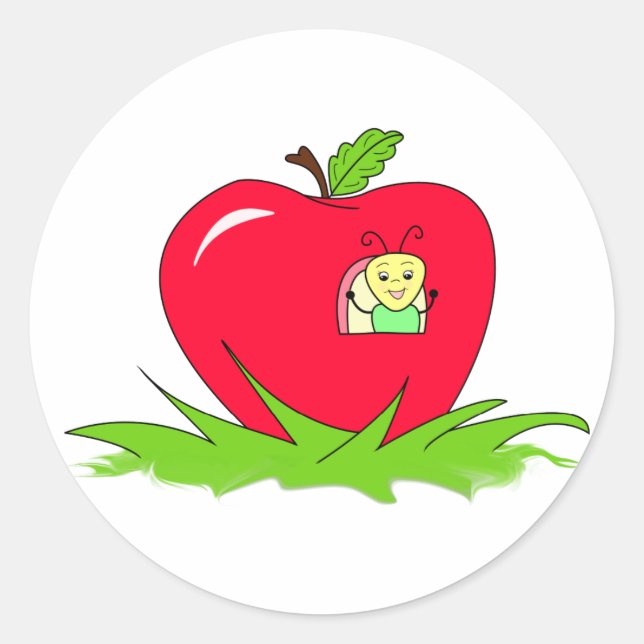 Worm In Red Apple Classic Round Sticker (Front)