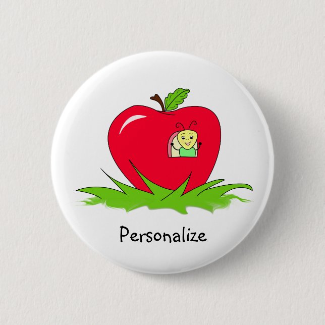 Worm In Red Apple With Name Pinback Button (Front)
