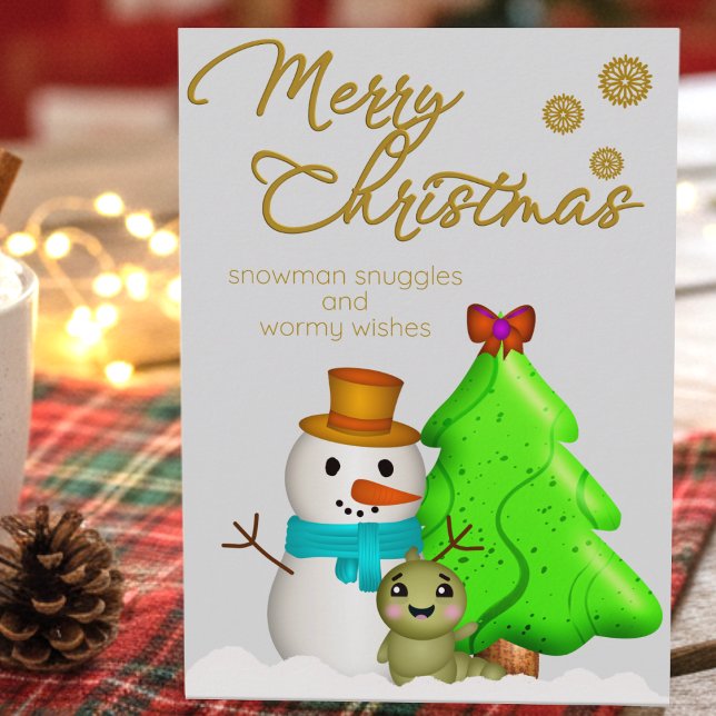 Worm Snowman And Christmas Tree Holiday Card (Special hand drawn characters to bring a little fun into Christmas greetings.)