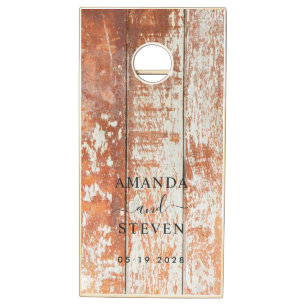 Worn Barn Wood Couple Names with Wedding Date Cornhole Set