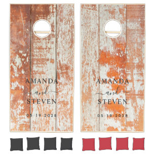 Worn Barn Wood Couple Names with Wedding Date Cornhole Set